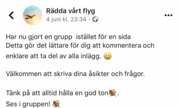 Tröttnade på onyanserad bild av flyget startar ”Rädda vårt flyg”