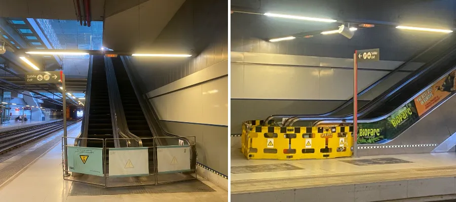 Trasiga rulltrappor för pendeltågsresenärer vid flygplatsen