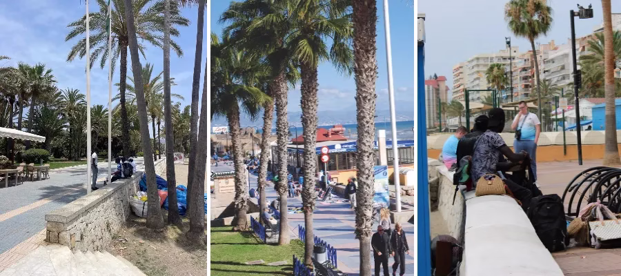 Mittenbilden: På strandpromenaden i Benalmádena Costa på gränsen till Torremolinos breder gatuförsäljarna ut sig. På grund av lokalpolisen tar de sina saker och flyttar över kommungränsen.