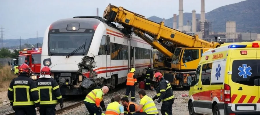 Sex skadade när tåg kolliderade med kranbil