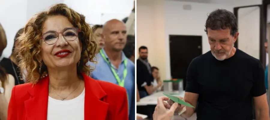 PSOE-A-kandidaten, María Jesús Montero, röstar i Sevilla. till höger i bild Antonio Banderas.