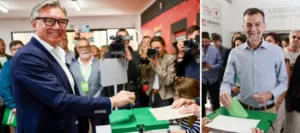 Till vänster i bild Vox, Manuel Gavira och Antonio Maíllo kandidat till Por Andalucía